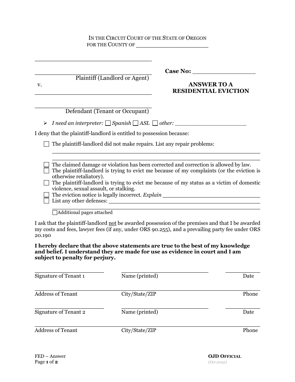 Answer to a Residential Eviction - Oregon, Page 1