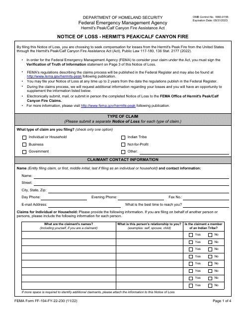 FEMA Form FF-104-FY-22-230  Printable Pdf