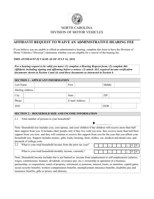Affidavit Request to Waive an Administrative Hearing Fee - North Carolina Download Pdf