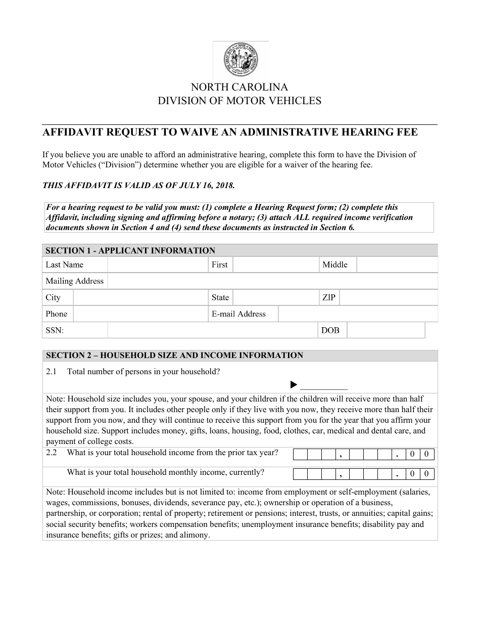 North Carolina Affidavit Request to Waive an Administrative Hearing Fee North Carolina Affidavit Request to Waive an Administrative Hearing Fee