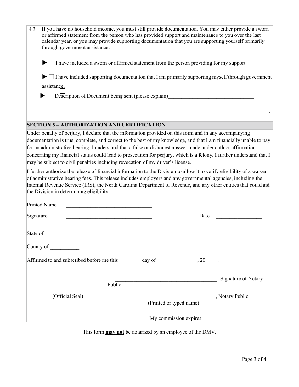 Affidavit Request to Waive an Administrative Hearing Fee - North Carolina, Page 3