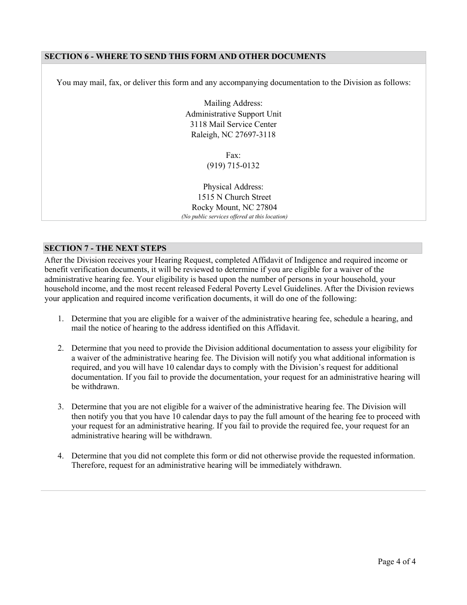 Affidavit Request to Waive an Administrative Hearing Fee - North Carolina, Page 4