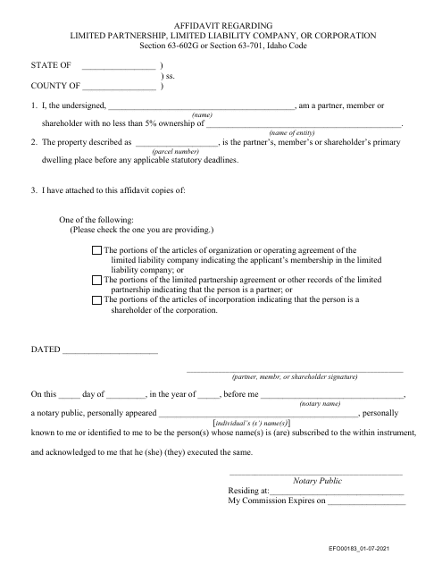 Form EFO00183 Affidavit Regarding Limited Partnership, Limited Liability Company, or Corporation - Idaho