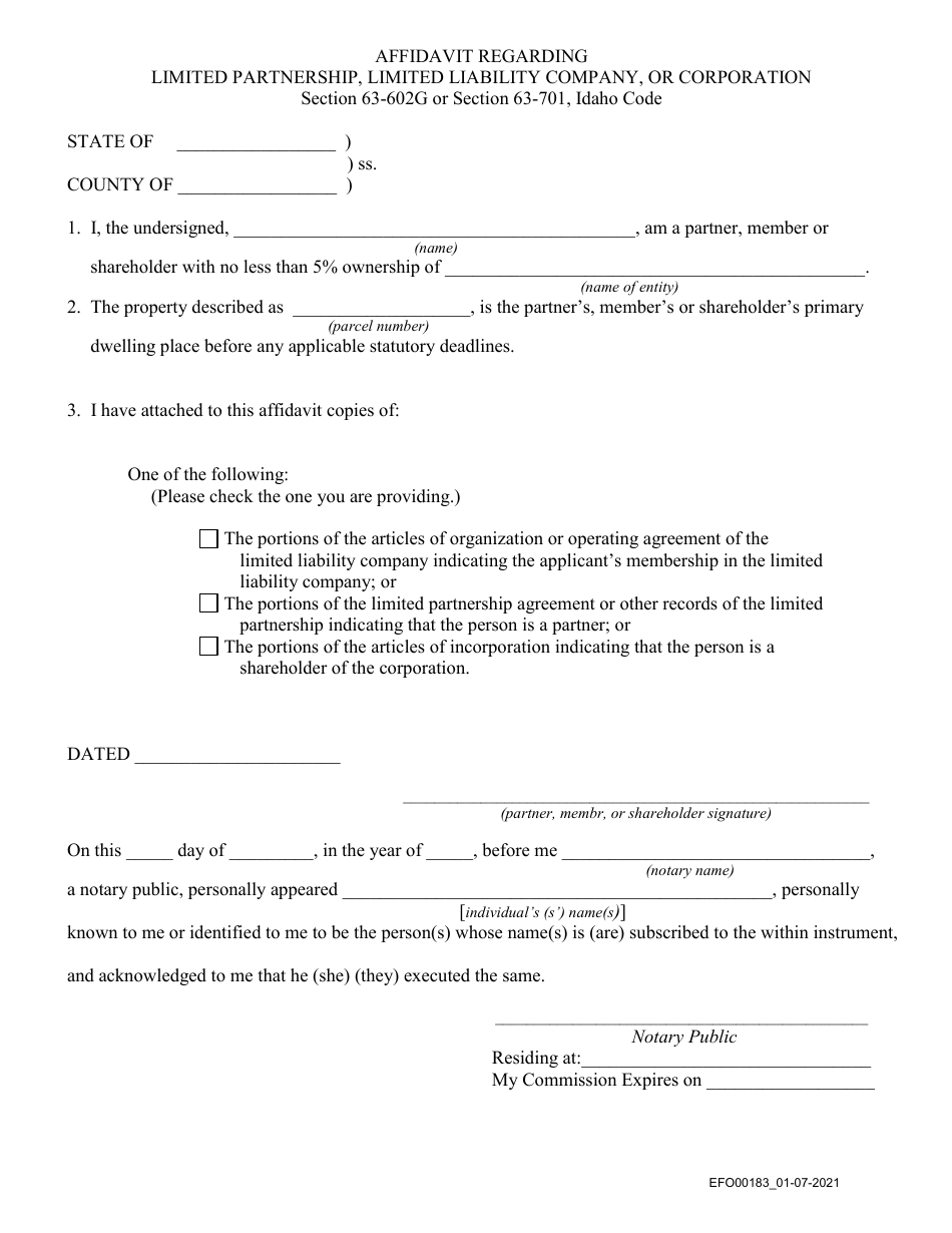 Form EFO00183 Affidavit Regarding Limited Partnership, Limited Liability Company, or Corporation - Idaho, Page 1
