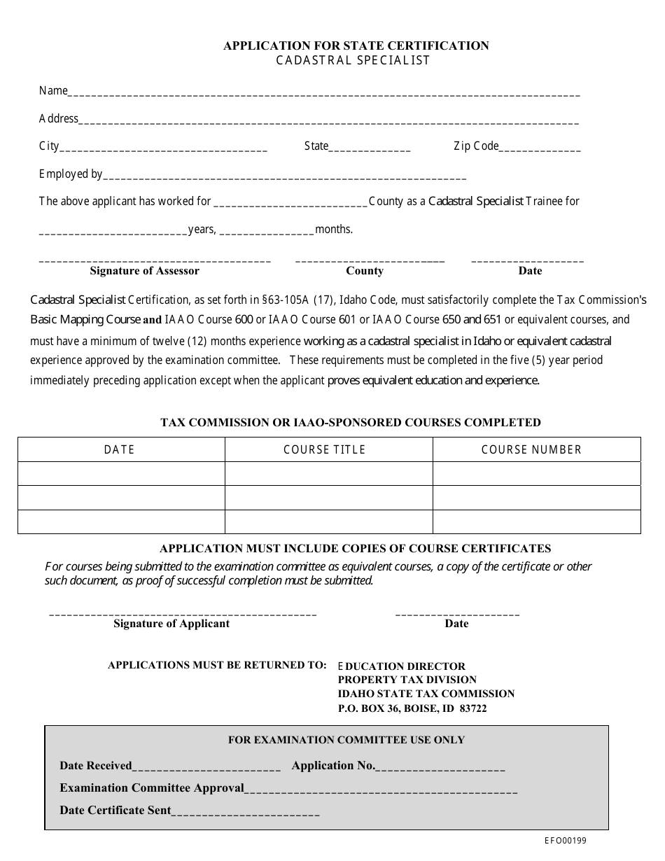 Form EFO00199 Application for State Certification Cadastral Specialist - Idaho, Page 1