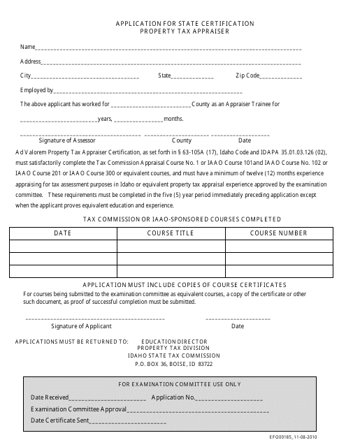 Form EFO00185 Application for State Certification Property Tax Appraiser - Idaho