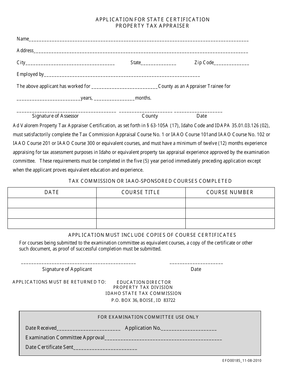 Form EFO00185 Application for State Certification Property Tax Appraiser - Idaho, Page 1