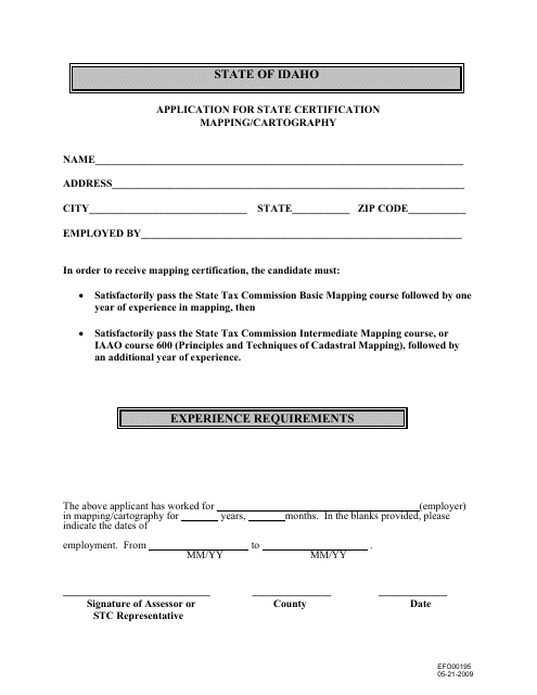 Form EFO00195 Application for State Certification Mapping/Cartography - Idaho