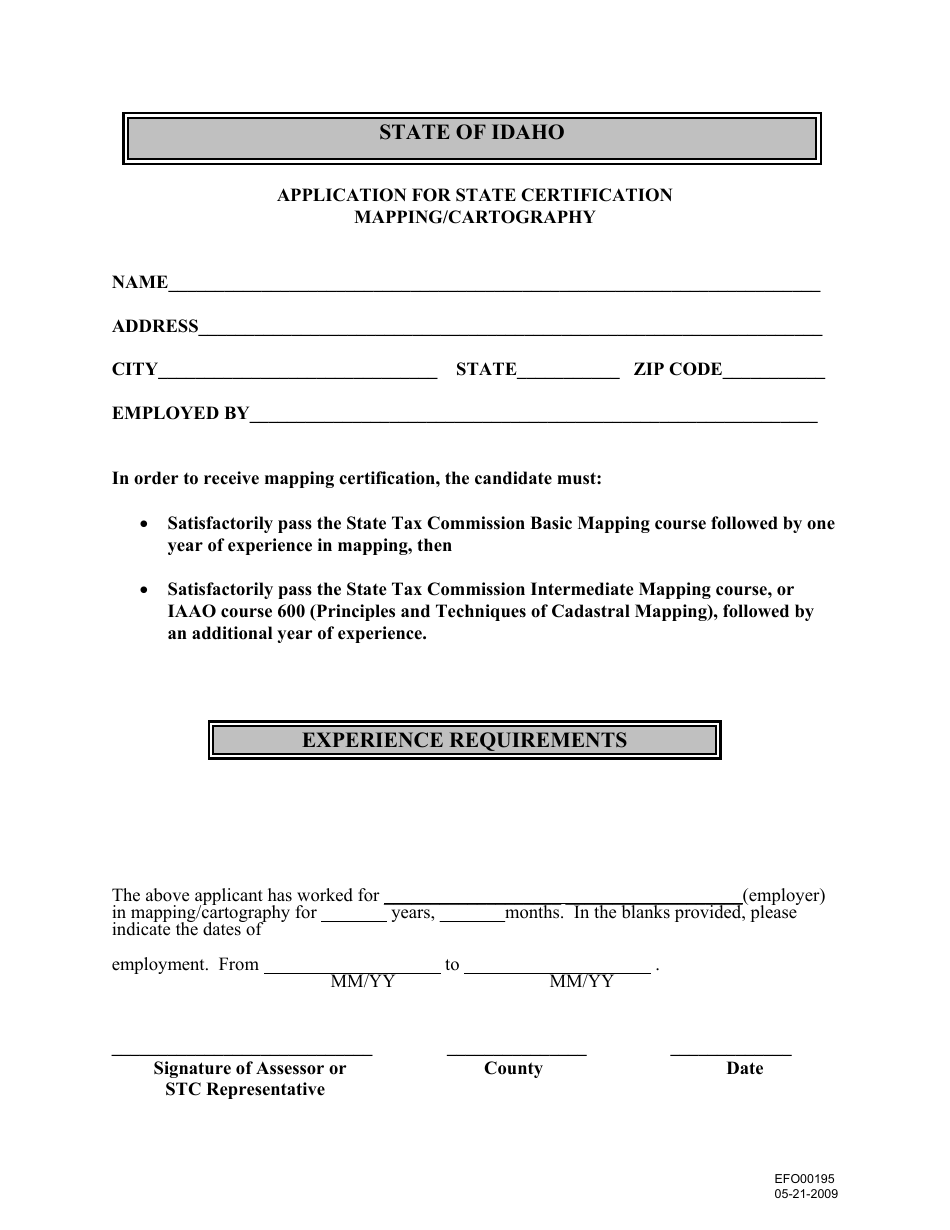 Form EFO00195 Application for State Certification Mapping / Cartography - Idaho, Page 1