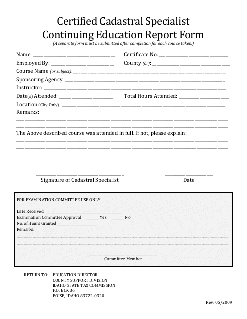 Certified Cadastral Specialist Continuing Education Report Form - Idaho Download Pdf