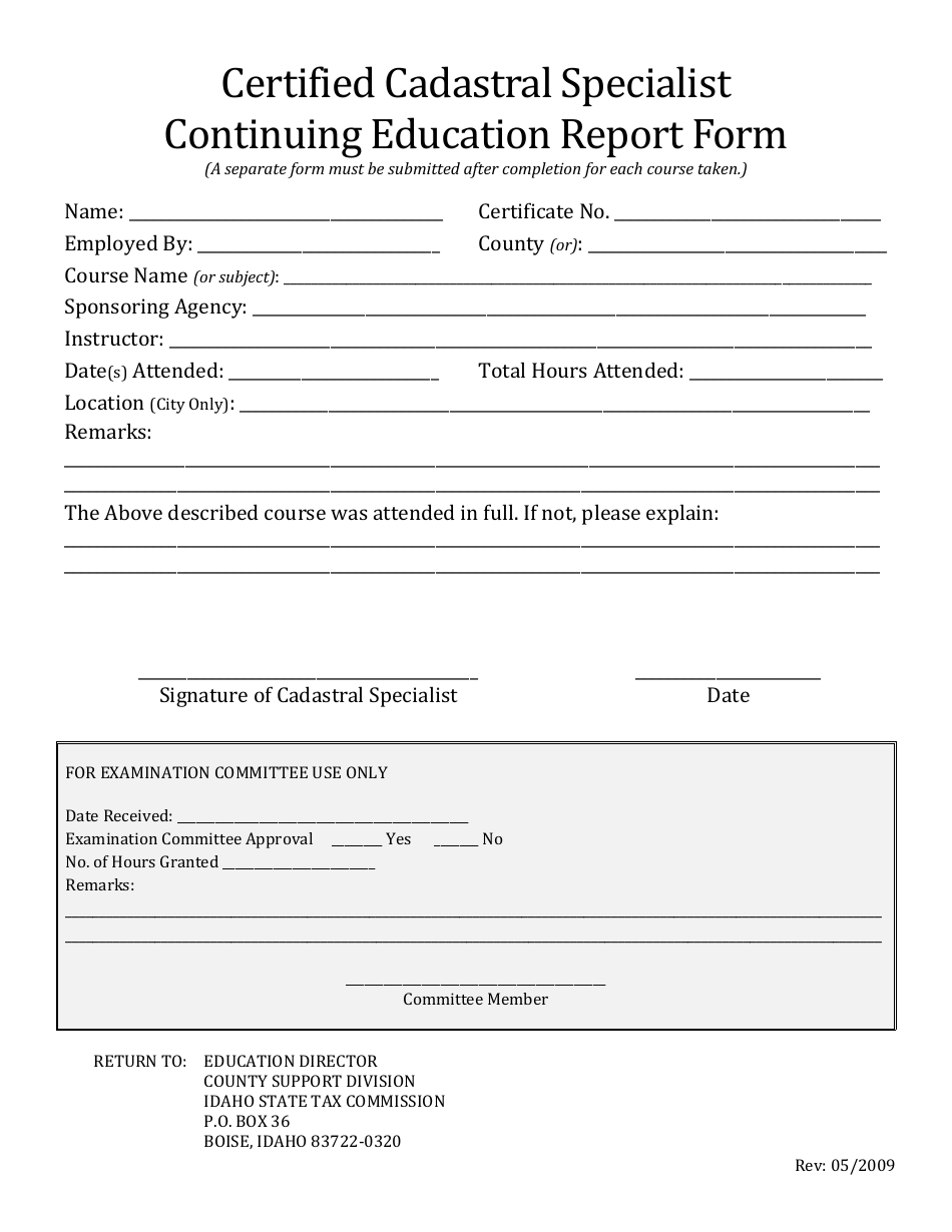 Certified Cadastral Specialist Continuing Education Report Form - Idaho, Page 1