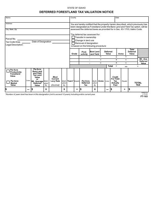 Form FT-103 Deferred Forestland Tax Valuation Notice - Idaho