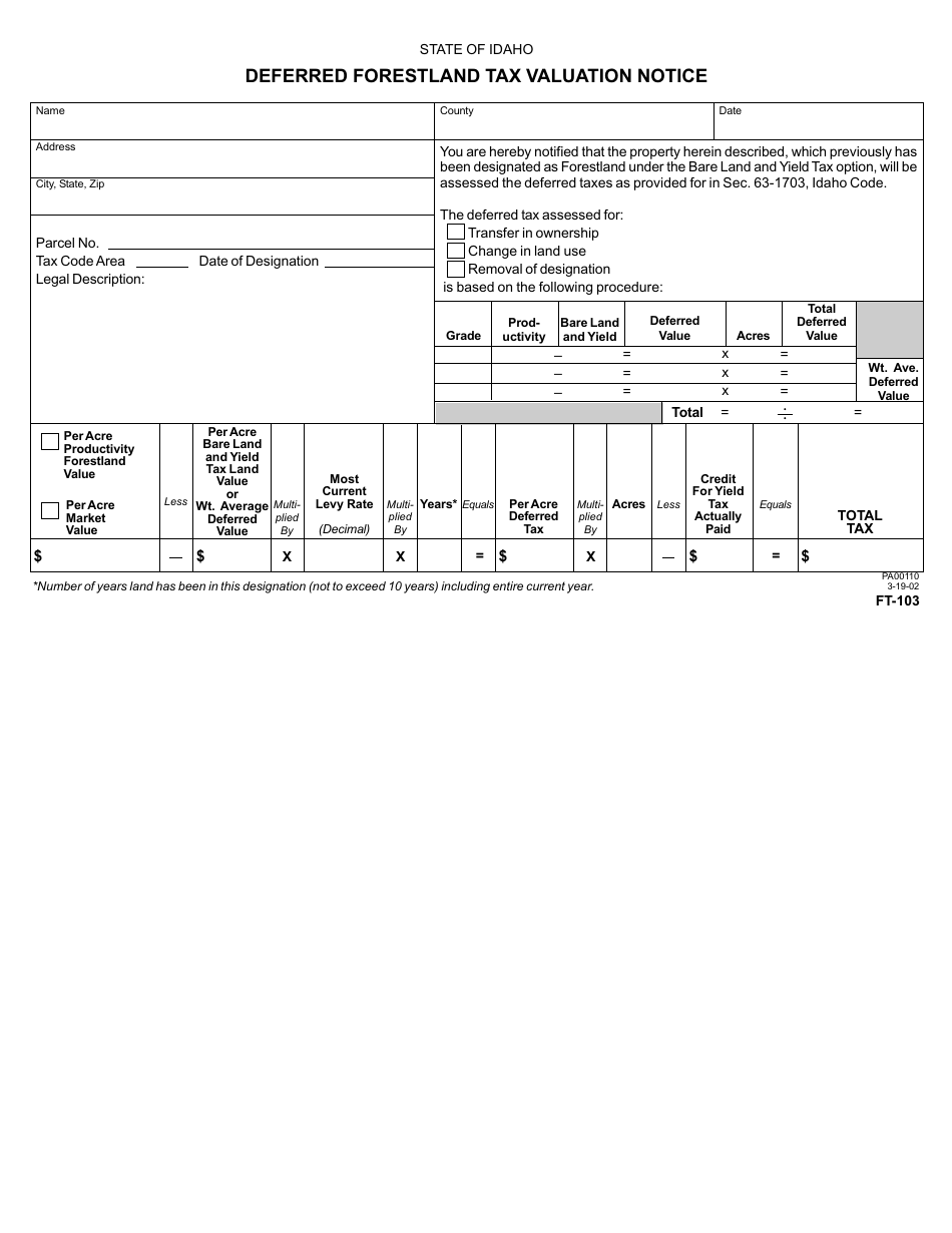 Form FT103 Fill Out, Sign Online and Download Printable PDF, Idaho