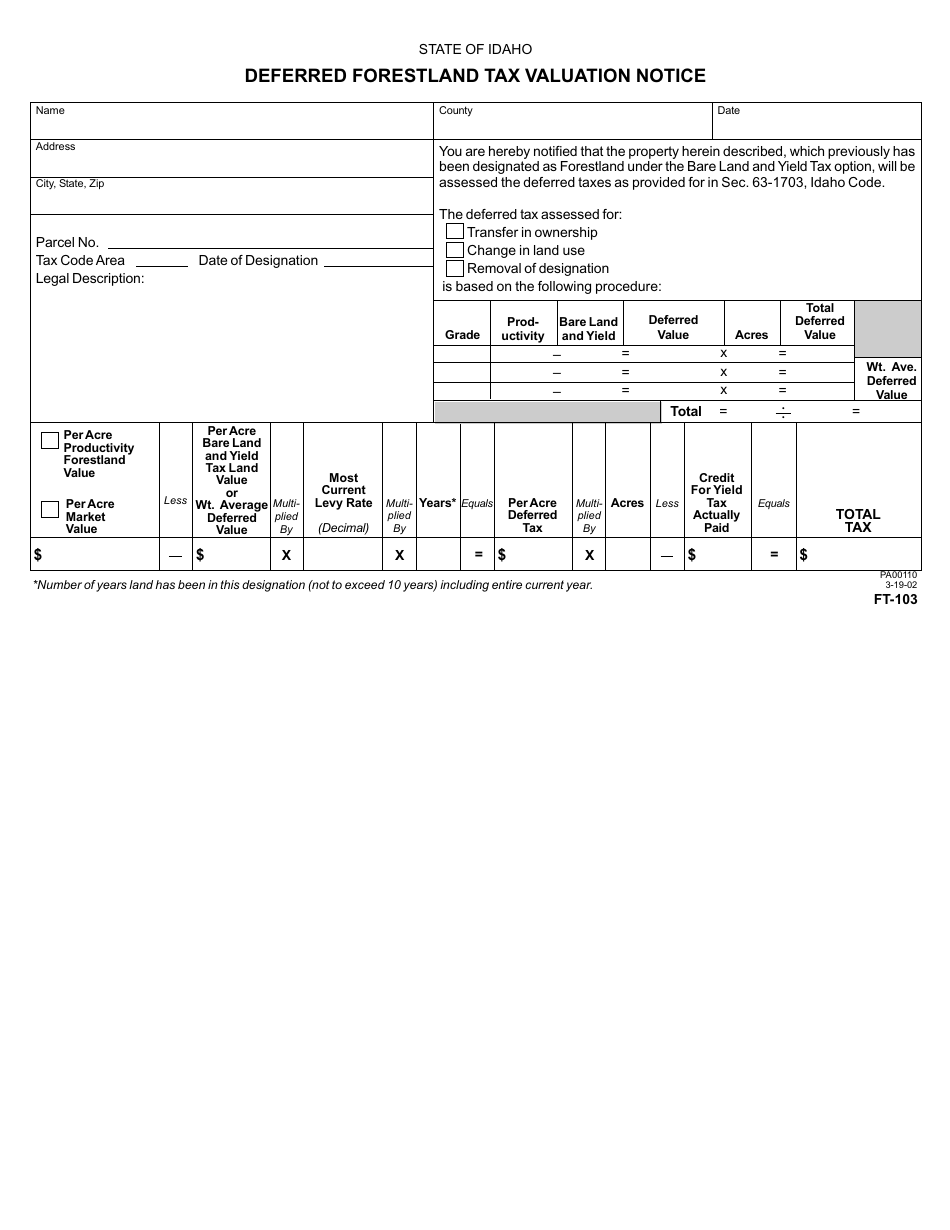 Form FT-103 Deferred Forestland Tax Valuation Notice - Idaho, Page 1