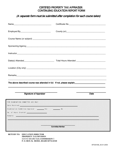 Form EFO00186 Certified Property Tax Appraiser Continuing Education Report Form - Idaho
