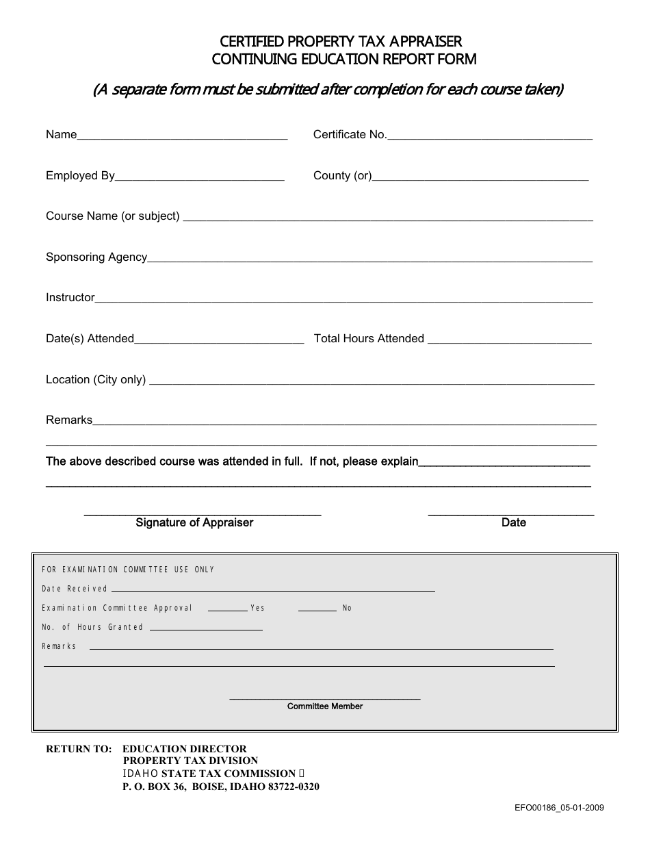 Form EFO00186 Certified Property Tax Appraiser Continuing Education Report Form - Idaho, Page 1