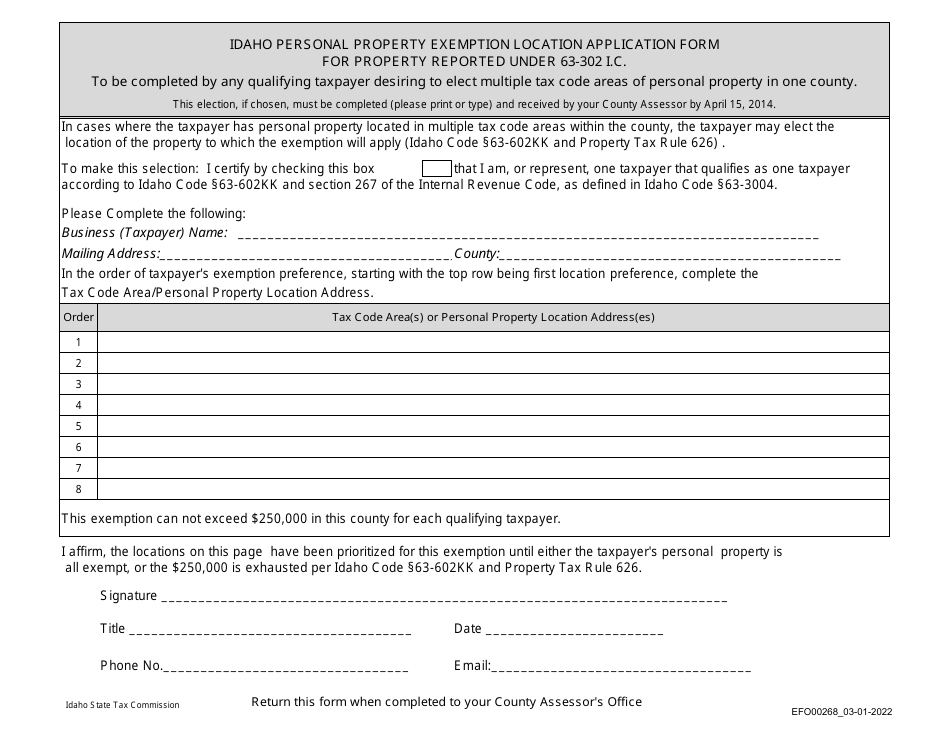 Form EFO00268 Idaho Personal Property Exemption Location Application Form - Idaho, Page 1