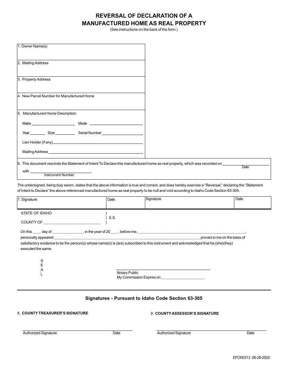 Form EFO00313 Reversal of Declaration of a Manufactured Home as Real Property - Idaho, Page 1