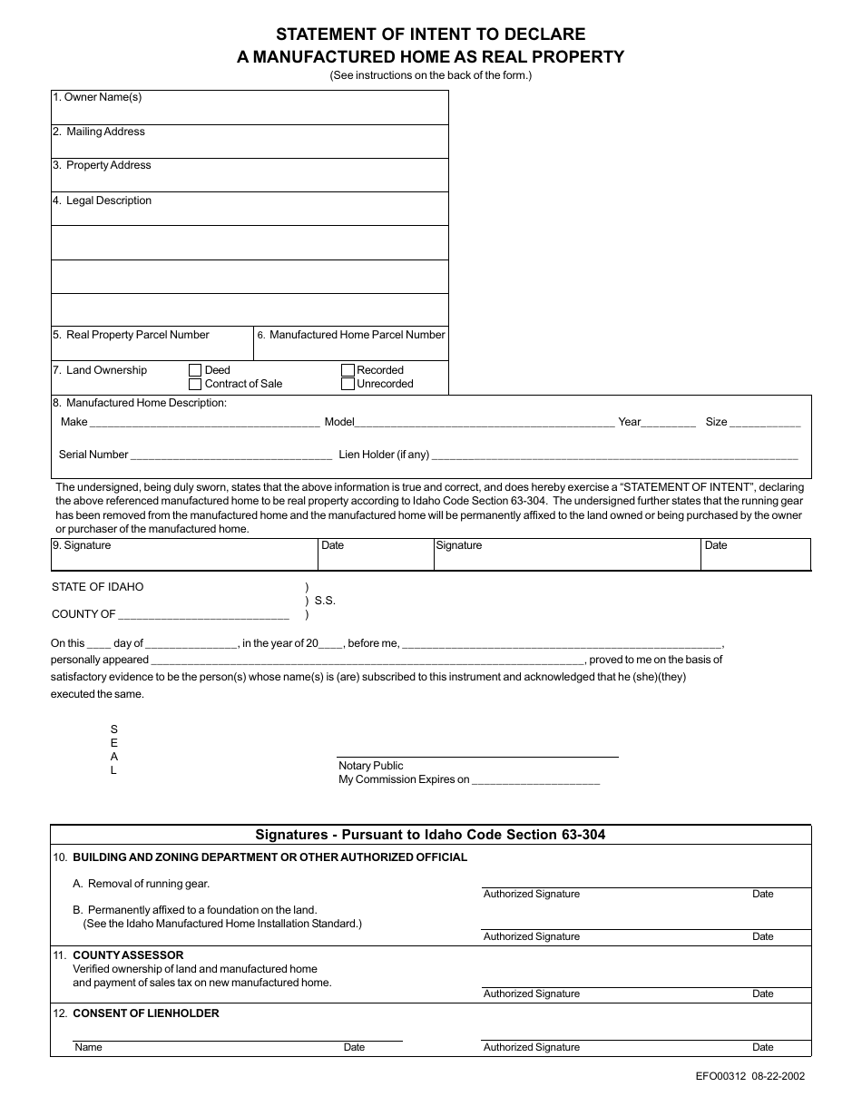 Form EFO00312 Statement of Intent to Declare a Manufactured Home as Real Property - Idaho, Page 1