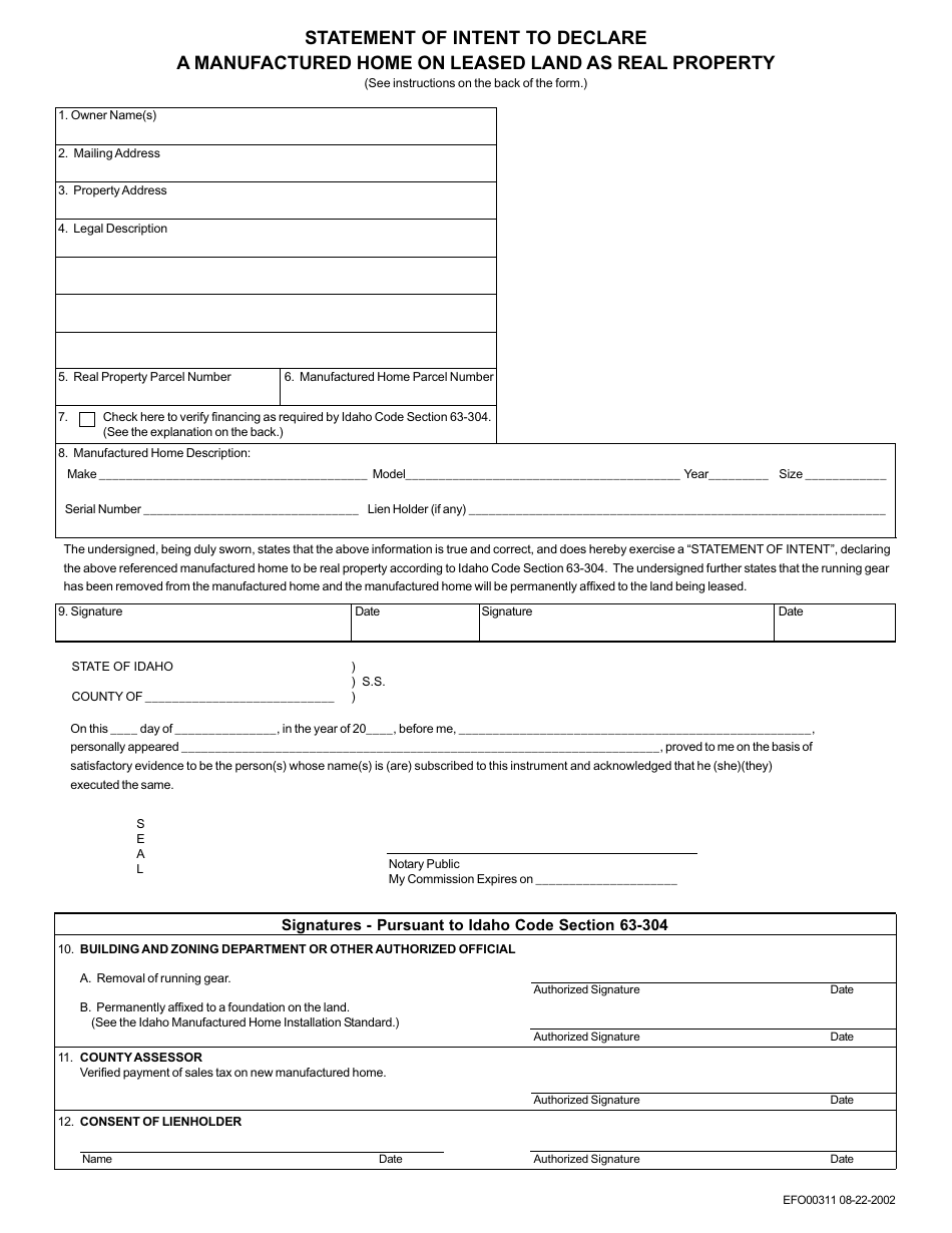 Form EFO00311 Statement of Intent to Declare a Manufactured Home on Leased Land as Real Property - Idaho, Page 1