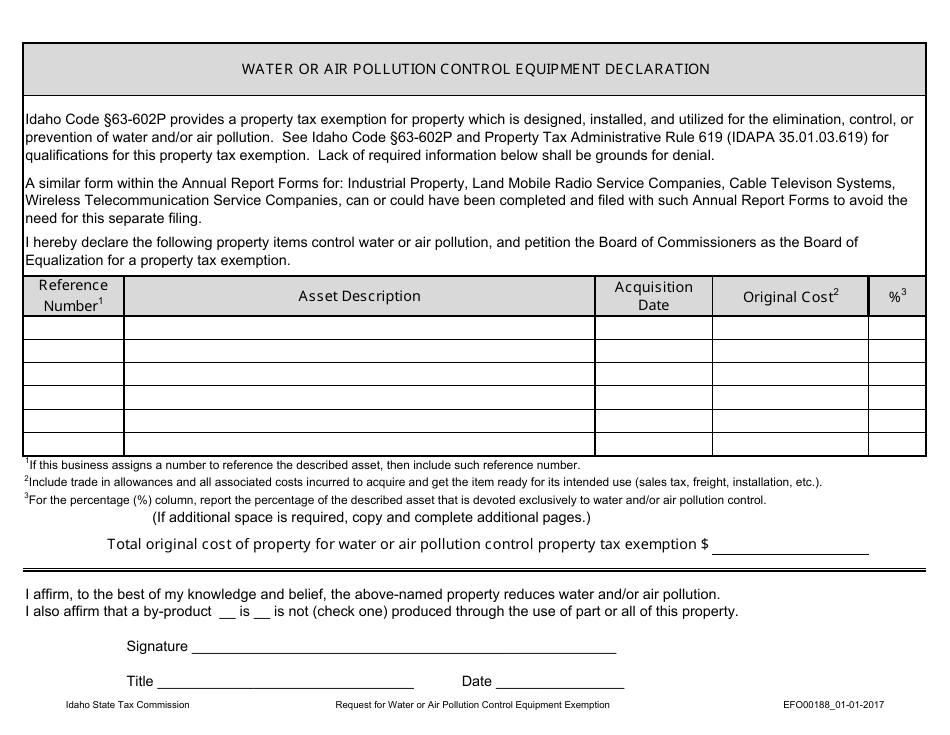 Form EFO00188 Water or Air Pollution Control Equipment Declaration - Idaho, Page 1