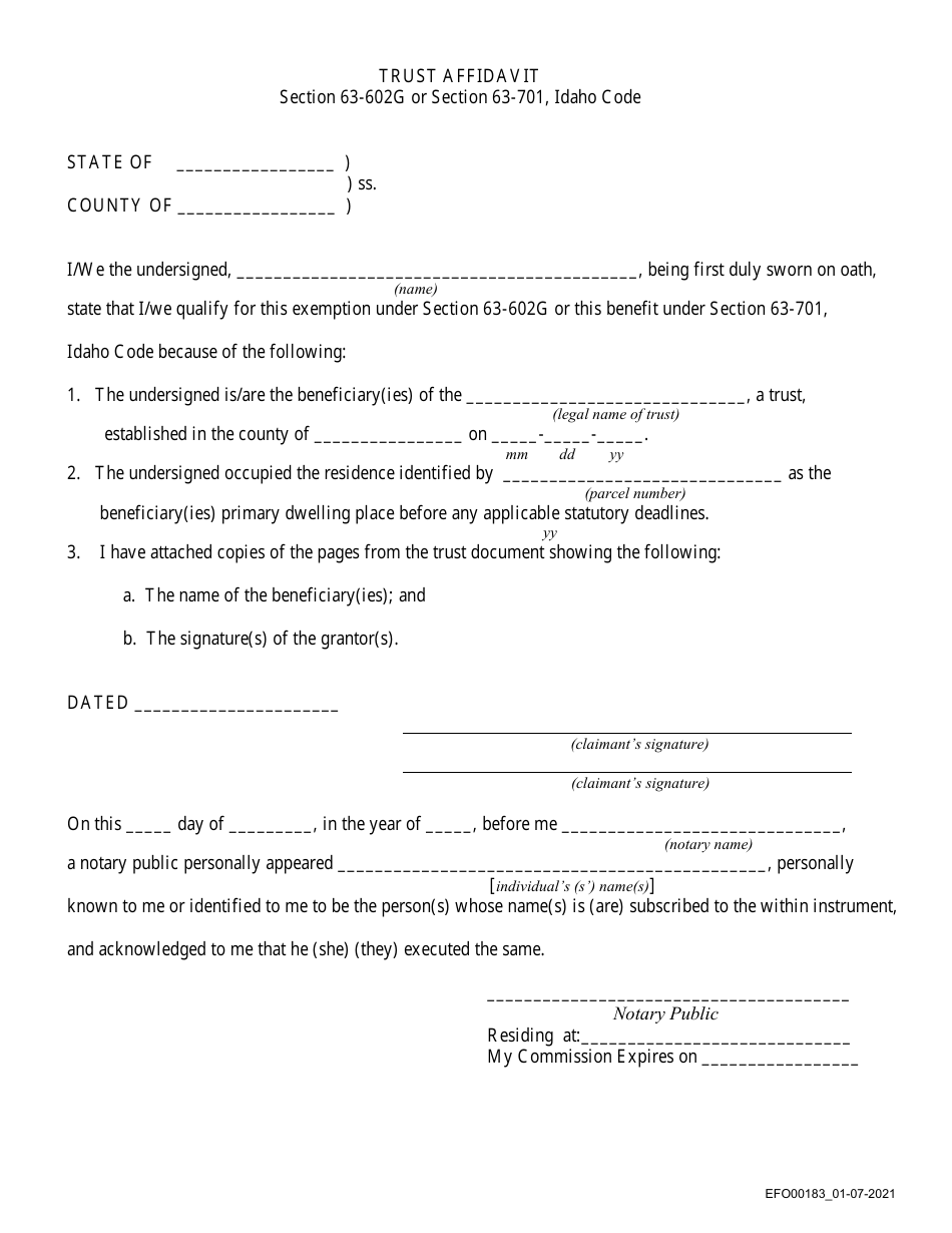 Form EFO00183 Trust Affidavit - Idaho, Page 1