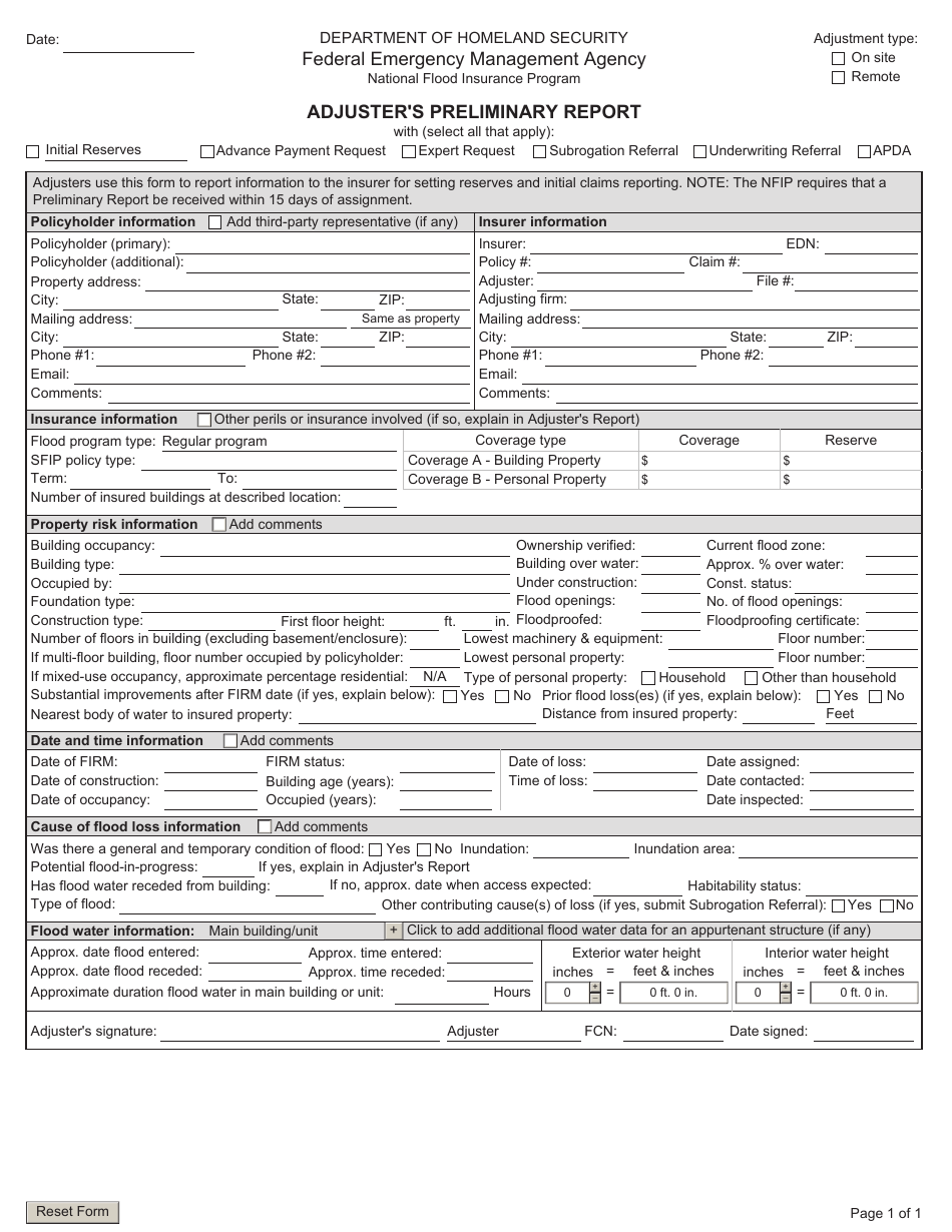 FEMA Form FF-206-FY-21-146 Adjusters Preliminary Report, Page 1