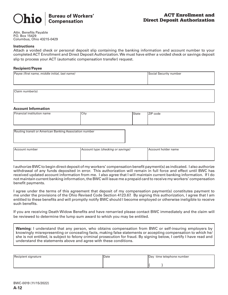 Form A-12 (BWC-0019) Act Enrollment and Direct Deposit Authorization - Ohio, Page 1