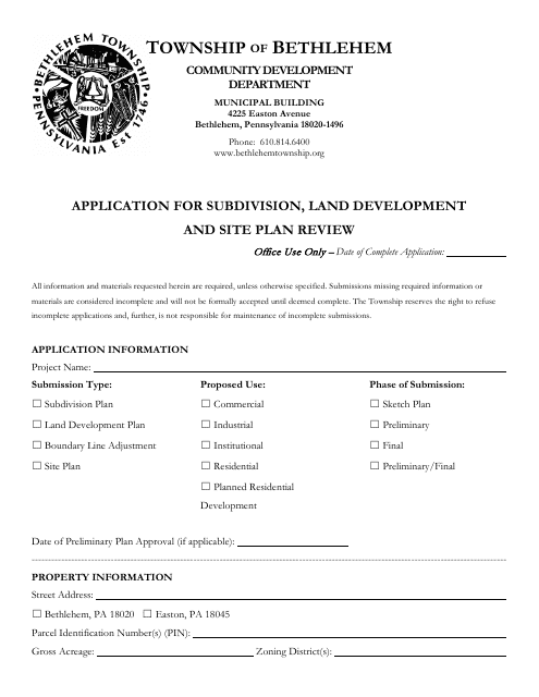 Application for Subdivision, Land Development and Site Plan Review - Bethlehem Township, Pennsylvania Download Pdf