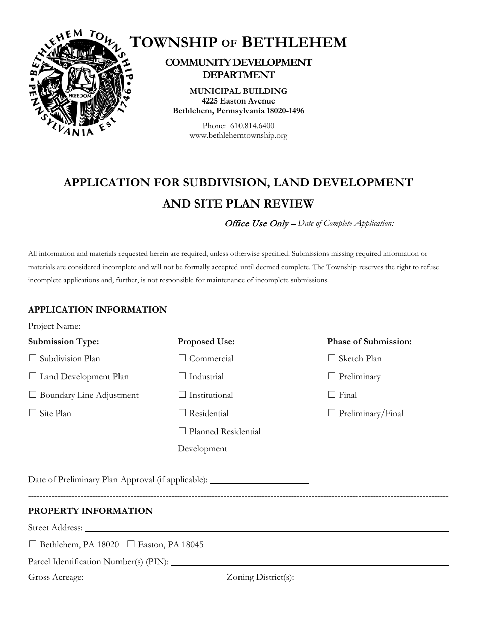 Application for Subdivision, Land Development and Site Plan Review - Bethlehem Township, Pennsylvania, Page 1
