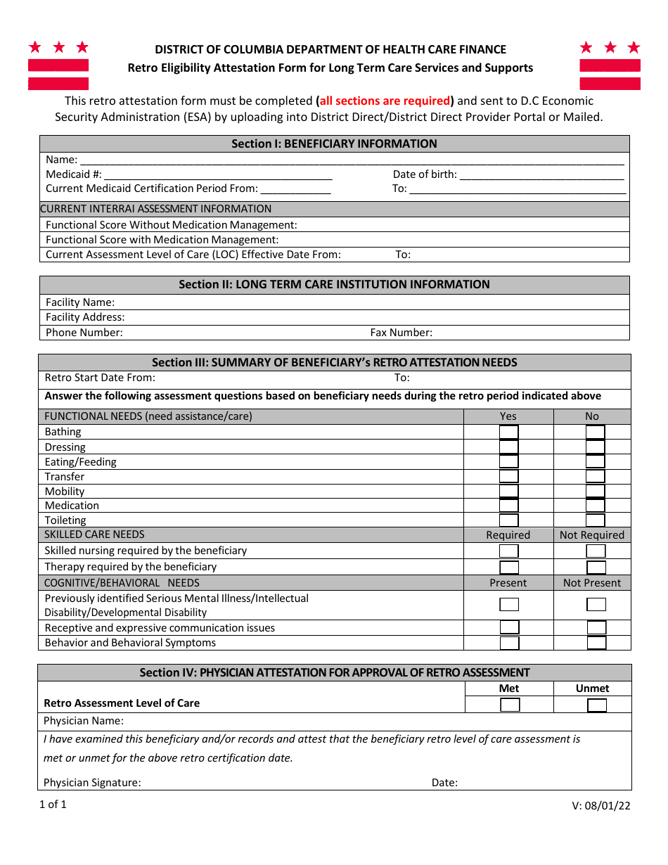 Retro Eligibility Attestation Form for Long Term Care Services and Supports - Washington, D.C., Page 1