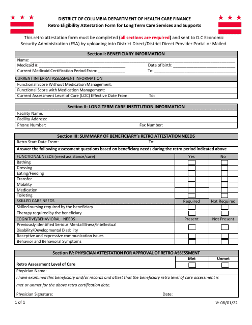 Retro Eligibility Attestation Form for Long Term Care Services and Supports - Washington, D.C. Download Pdf