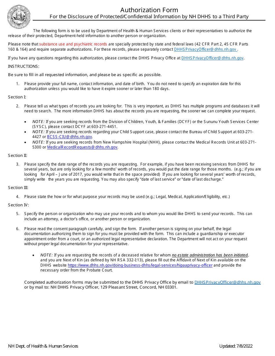 New Hampshire Authorization Form for the Disclosure of Protected ...