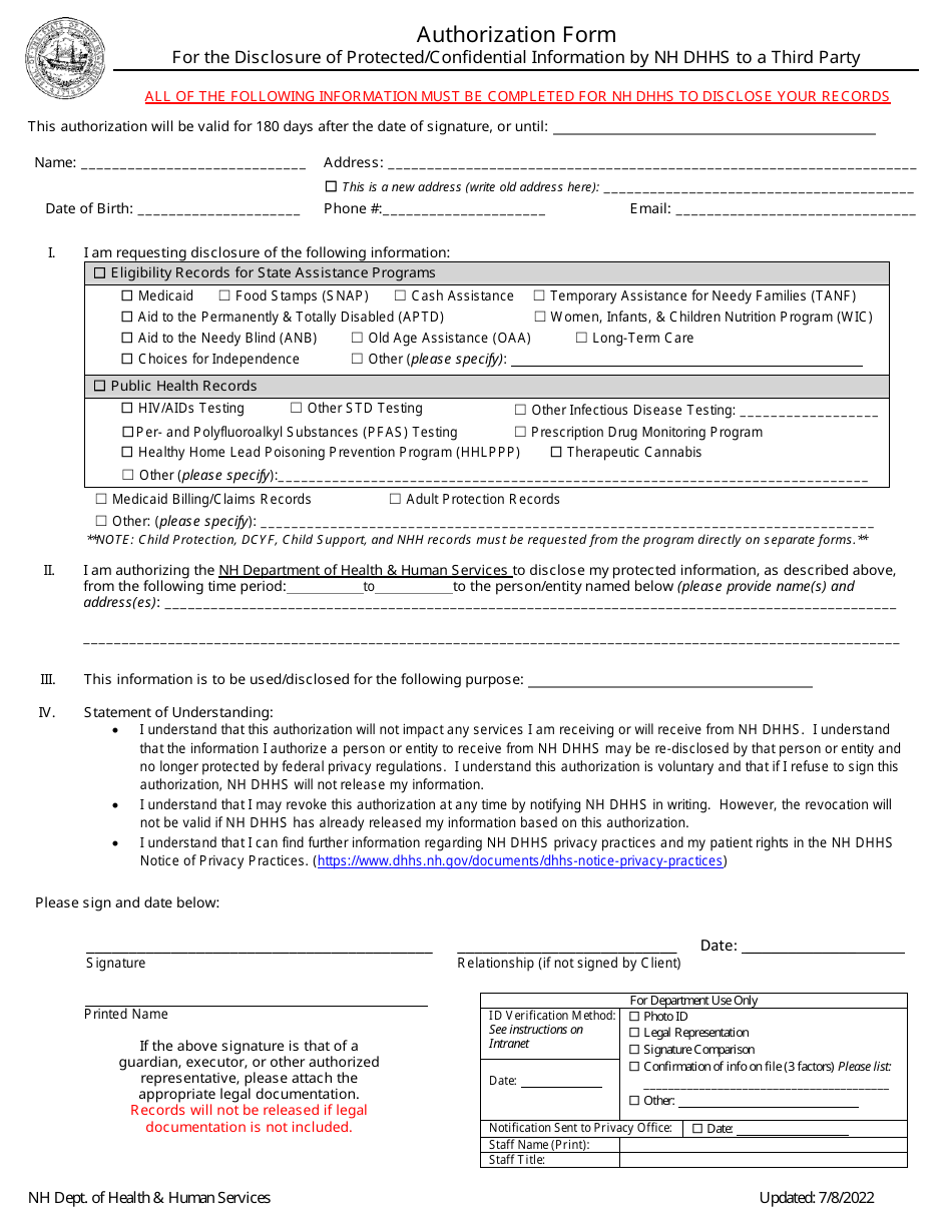 Authorization Form for the Disclosure of Protected / Confidential Information by Nh Dhhs to a Third Party - New Hampshire, Page 2