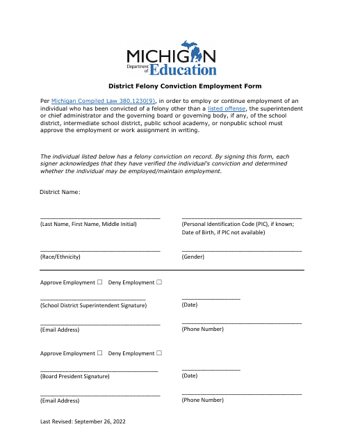 District Felony Conviction Employment Form - Michigan Download Pdf