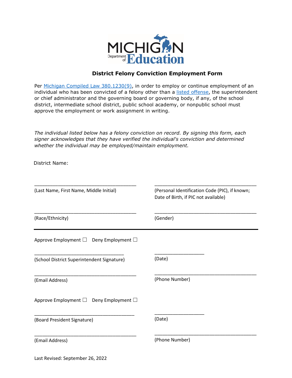 District Felony Conviction Employment Form - Michigan, Page 1