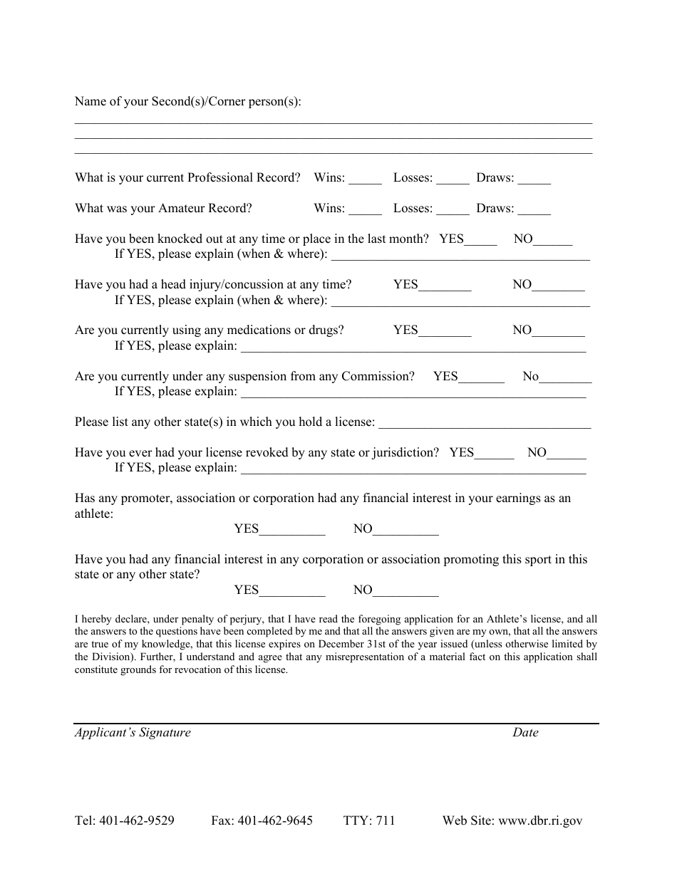 Athlete License Application - Rhode Island, Page 2