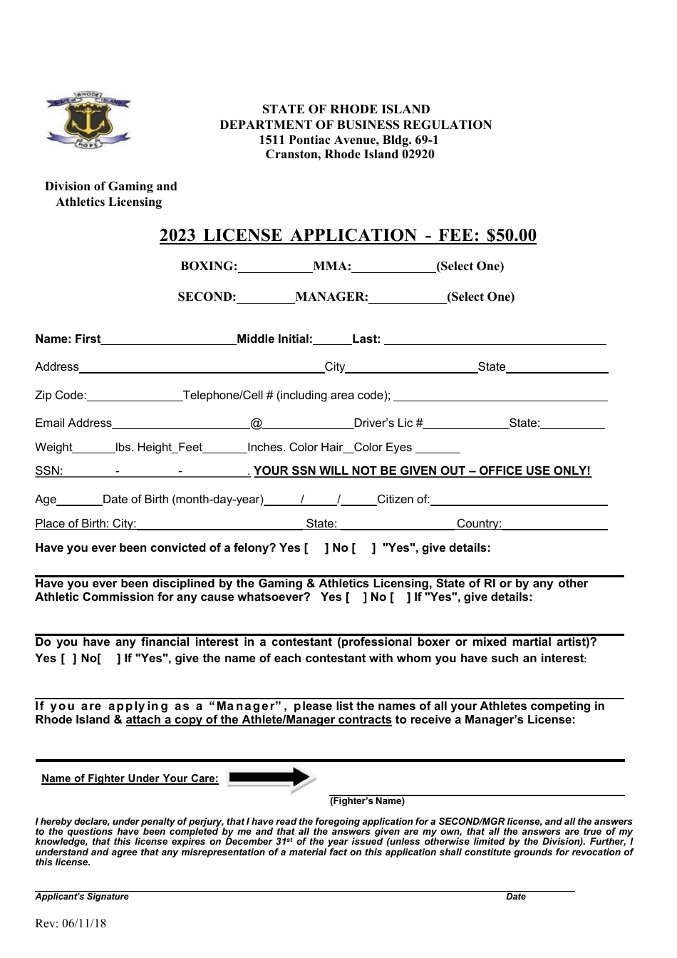 Manager / Second License Application - Rhode Island, Page 1