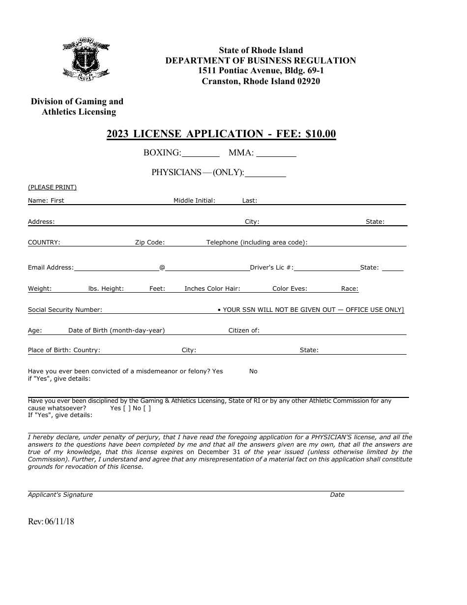 License Application - Occupational Physician (Only) - Rhode Island, Page 1