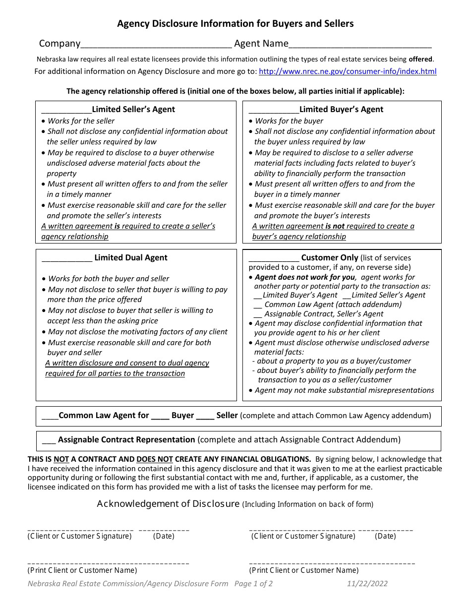 Agency Disclosure Information for Buyers and Sellers - Nebraska, Page 1