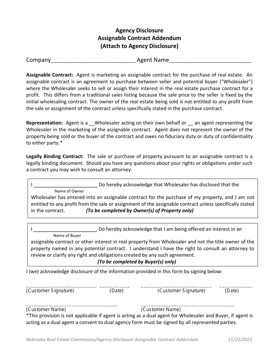 Agency Disclosure Assignable Contract Addendum - Nebraska, Page 1