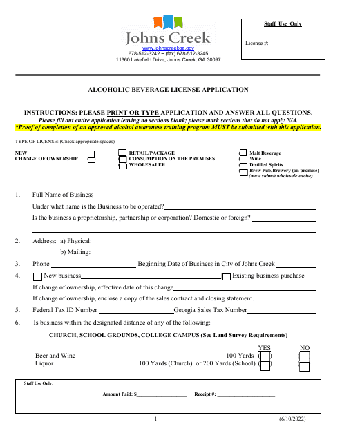 Alcoholic Beverage License Application - City of Johns Creek, Georgia (United States)