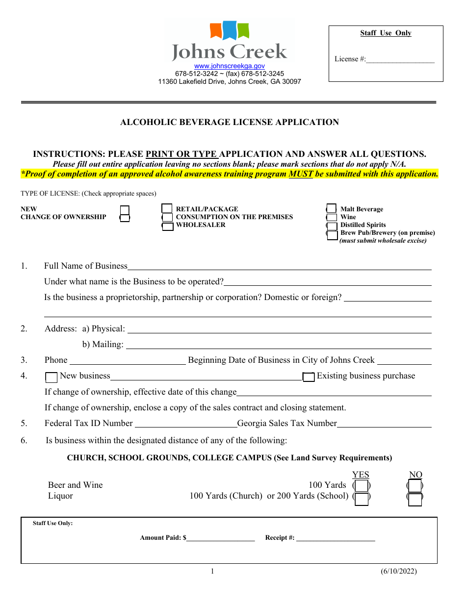 Alcoholic Beverage License Application - City of Johns Creek, Georgia (United States), Page 1