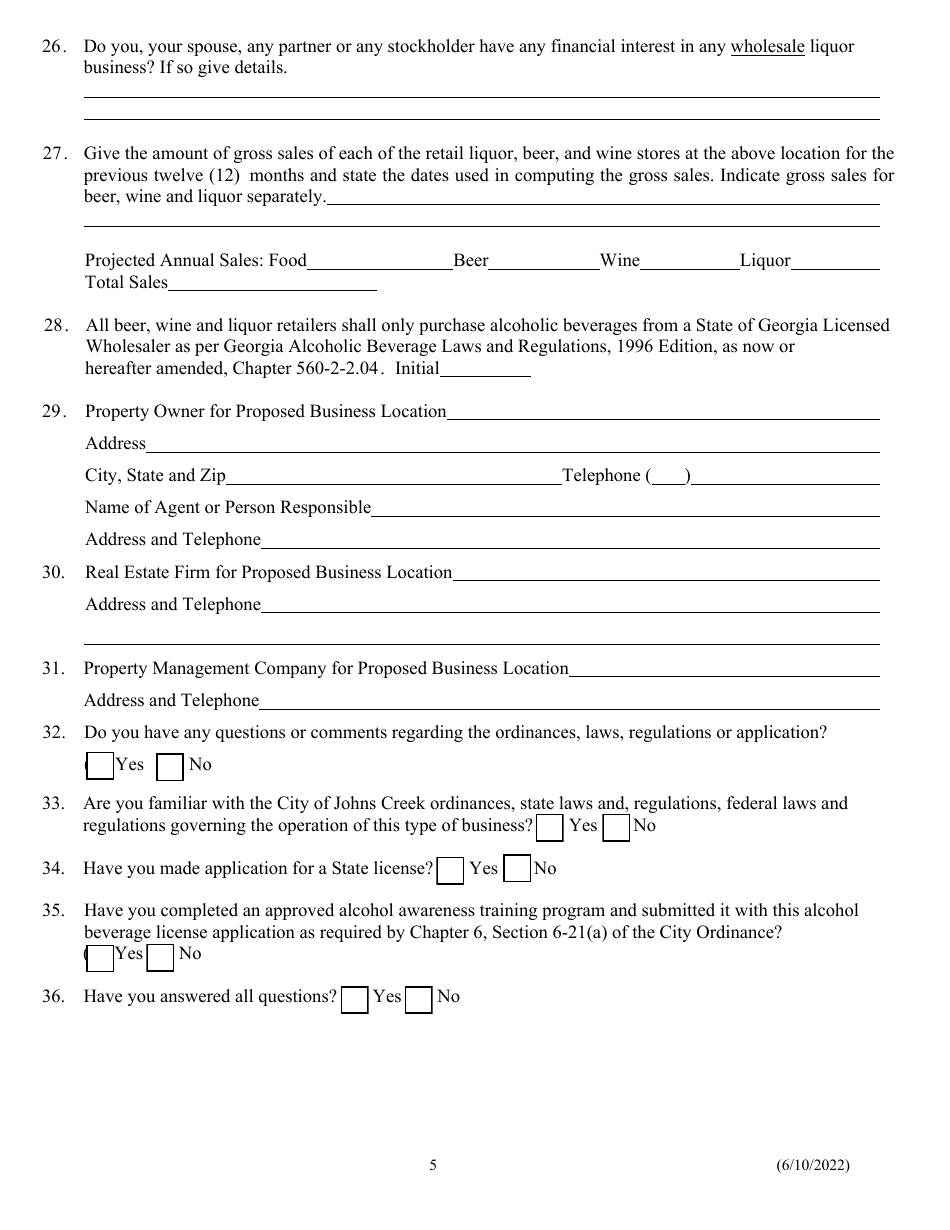 Alcoholic Beverage License Application - City of Johns Creek, Georgia (United States), Page 5