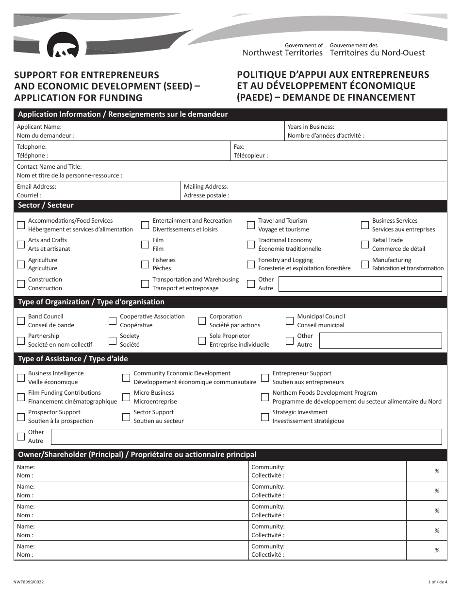 Form NWT8999 Support for Entrepreneurs and Economic Development (Seed) - Application for Funding - Northwest Territories, Canada (English / French), Page 1