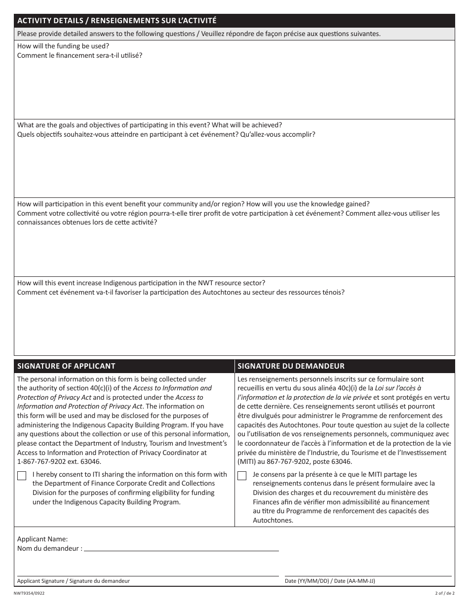 Form NWT9354 Indigenous Capacity Building in the Resource Sector Funding Application - Northwest Territories, Canada (English / French), Page 2