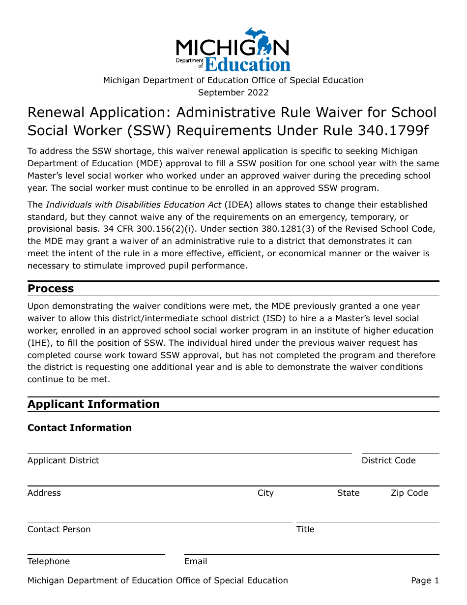 Renewal Application: Administrative Rule Waiver for School Social Worker (Ssw) Requirements Under Rule 340.1799f - Michigan, Page 1