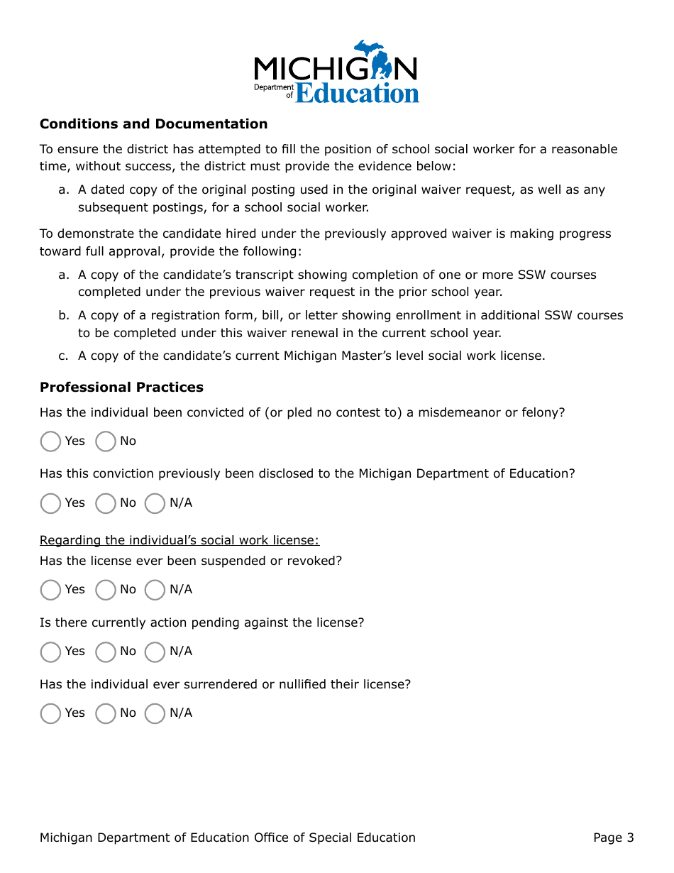 Renewal Application: Administrative Rule Waiver for School Social Worker (Ssw) Requirements Under Rule 340.1799f - Michigan, Page 3