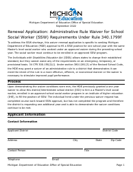 Document preview: Renewal Application: Administrative Rule Waiver for School Social Worker (Ssw) Requirements Under Rule 340.1799f - Michigan
