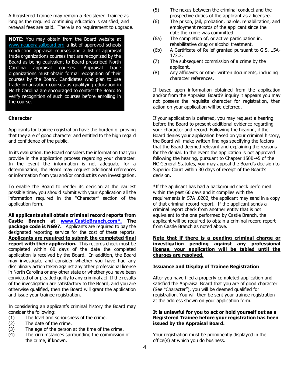 Application for Trainee Registration - North Carolina, Page 4